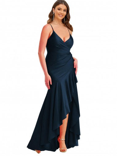 Long Sleeveless Silk like Satin Dark Navy Mermaid High Low Plus Size Evening Gown / Prom Dress / Bridesmaid Dress Canberra