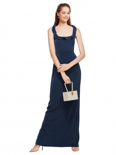 Long Sleeveless Stretch Crepe Dark Navy Scoop Neck Sheath Formal Evening Gown / Prom Dress / Bridesmaid Dress Canberra