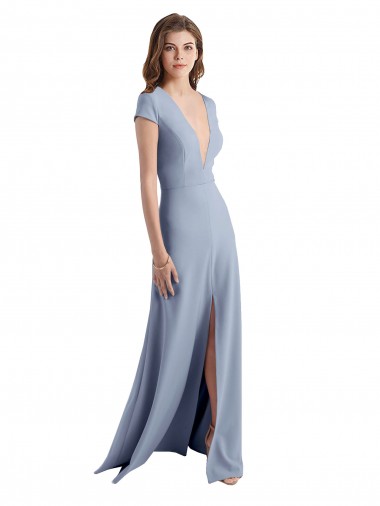 Long Cap Sleeves Stretch Crepe Smoke Blue Sheath Prom Dress / Bridesmaid Dress Canberra