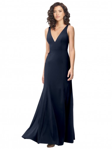 Long Sleeveless Stretch Crepe Dark Navy V-Neck A-Line Formal Dress / Bridesmaid Dress Canberra
