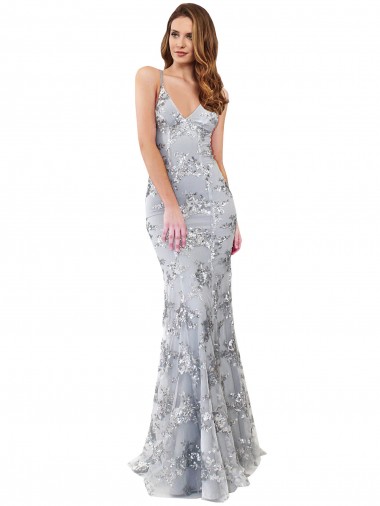 Long Sleeveless Stretch Crepe & Sequin Tulle Silver Mermaid Formal Evening Gown / Prom Dress / Bridesmaid Dress Canberra