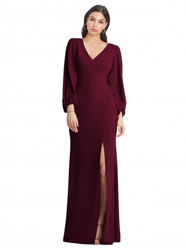 Long Puff Sleeves Stretch Crepe Burgundy Gold Trumpet Semi Formal Evening Dress / Prom Dress / Bridesmaid Dress Canberra
