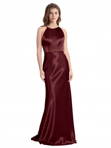 Long Sleeveless Stretch Satin Burgundy Gold A-Line Formal Evening Gown / Prom Dress / Bridesmaid Dress Canberra