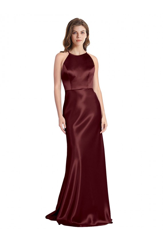 Long Sleeveless Stretch Satin Burgundy Gold A-Line Formal Evening Gown / Prom Dress / Bridesmaid Dress Canberra
