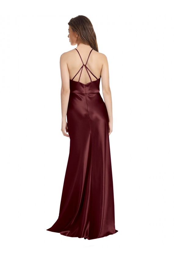 Long Sleeveless Stretch Satin Burgundy Gold A-Line Formal Evening Gown / Prom Dress / Bridesmaid Dress Canberra