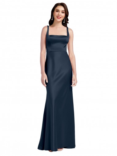 Long Sleeveless Stretch Satin Dark Navy Square Neck A-Line Formal Evening Gown / Prom Dress / Bridesmaid Dress Canberra