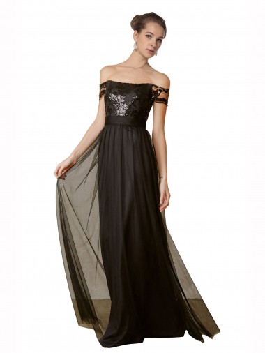 Long Sleeveless Tulle & Sequin Black A-Line Bridesmaid Dress Canberra