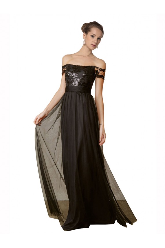 Long Sleeveless Tulle & Sequin Black A-Line Bridesmaid Dress Canberra