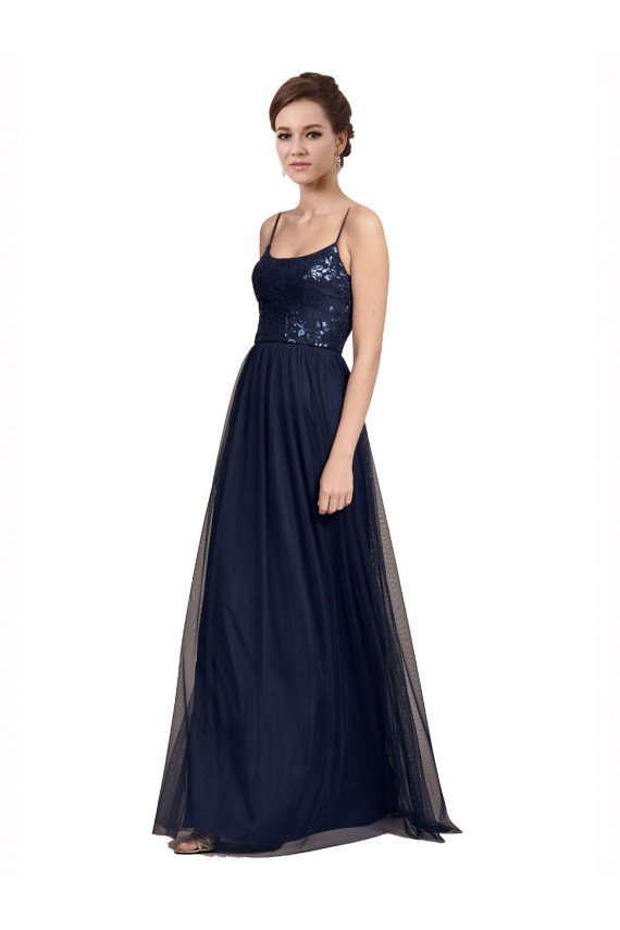 Long Sleeveless Tulle & Lace Dark Navy A-Line Bridesmaid Dress Canberra