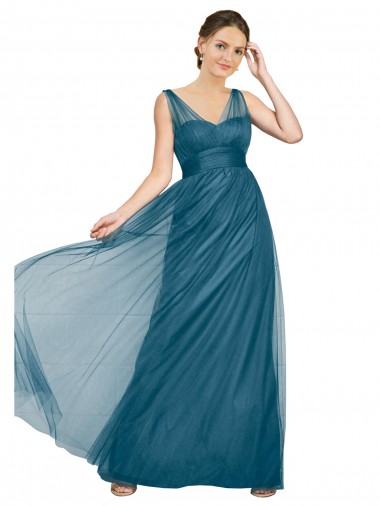 Long Sleeveless Tulle Teal Green V-Neck A-Line Bridesmaid Dress Canberra