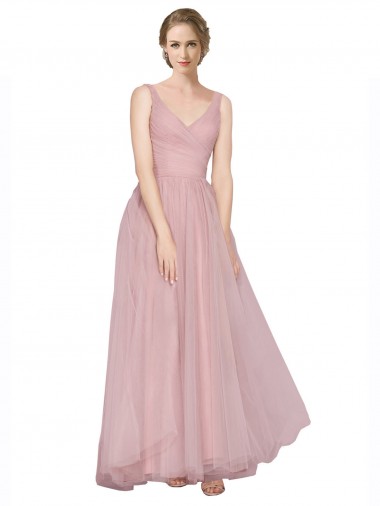Long Sleeveless Tulle Pink V-Neck A-Line Bridesmaid Dress Canberra