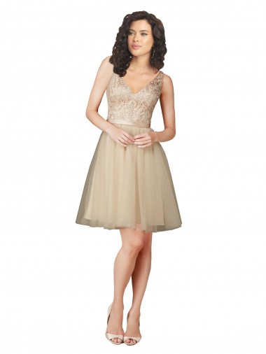 Knee Length Sleeveless Tulle & Lace Champagne A-Line Bridesmaid Dress Canberra