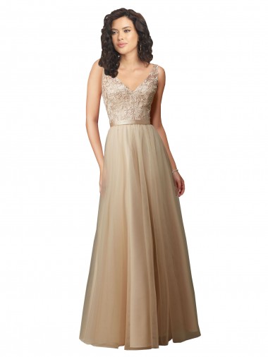 Long Sleeveless Tulle & Lace Champagne A-Line Bridesmaid Dress Canberra