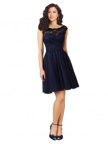 Knee Length Sleeveless Tulle & Lace Dark Navy A-Line Bridesmaid Dress Canberra