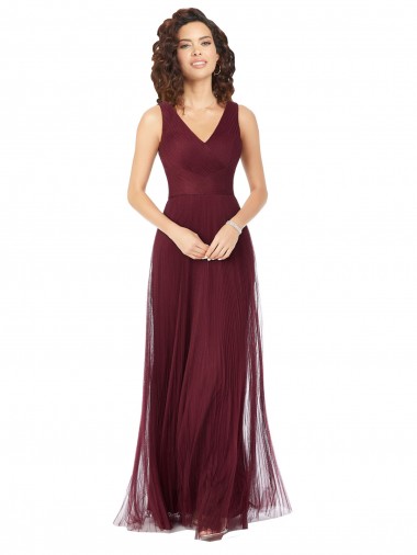 Long Sleeveless Tulle Burgundy Gold A-Line Bridesmaid Dress Canberra