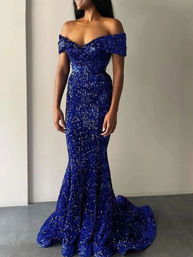 Sweep Train Sleeveless Velvet Sequin Royal Blue Mermaid Prom Dresses Canberra