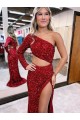 Sweep Train Long Sleeves Velvet Sequin Burgundy Mermaid Evening Dress Canberra