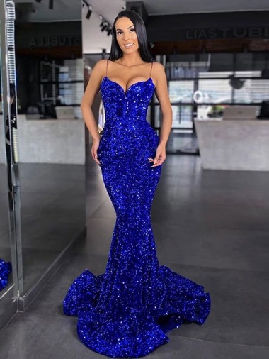 Sweep Train Sleeveless Velvet Sequin Royal Blue Mermaid Evening Gown / Prom Dress Canberra