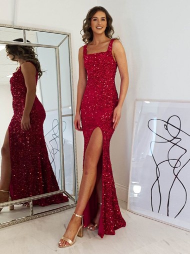 Long Sleeveless Velvet Sequin Burgundy Sheath Prom Dress Canberra