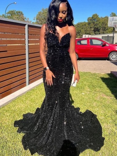 Long Sleeveless Velvet Sequin Black Mermaid Prom Dress Canberra