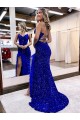 Sweep Train Sleeveless Velvet Sequin Royal Blue Sheath Evening Dress Canberra