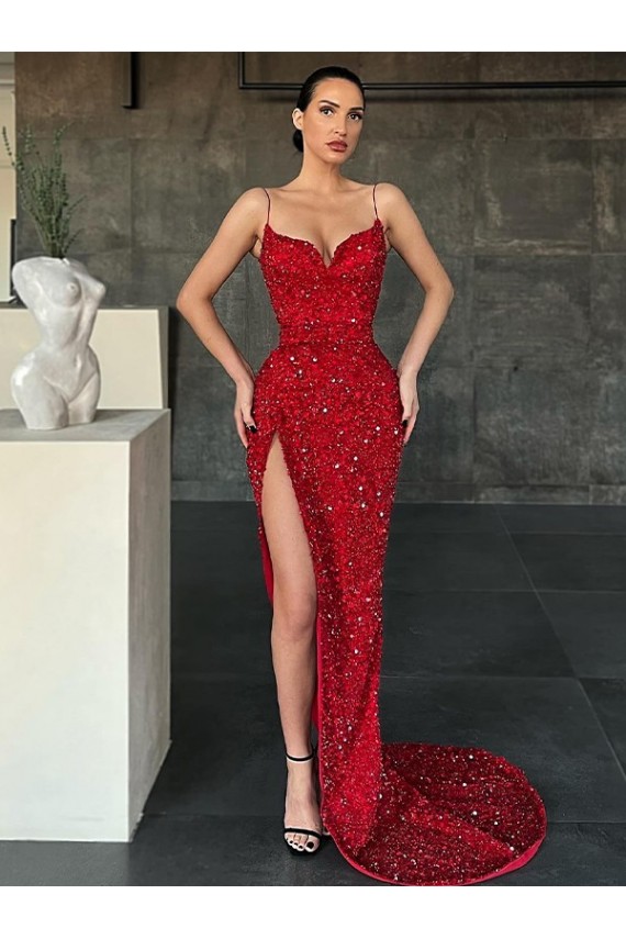 Sweep Train Sleeveless Velvet Sequin Red Sheath Evening Gown / Prom Dress Canberra