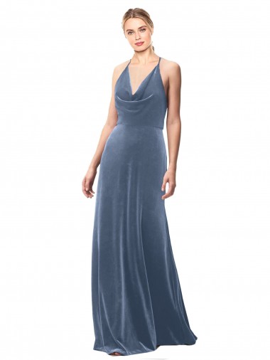 Long Sleeveless Stretch Velvet Dusty Blue Spaghetti Straps A-Line Prom Dress / Bridesmaid Dress Canberra