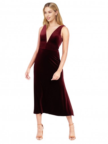 Midi Length Sleeveless Stretch Velvet Burgundy A-Line Prom Dress / Bridesmaid Dress Canberra
