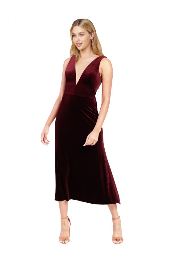 Midi Length Sleeveless Stretch Velvet Burgundy A-Line Prom Dress / Bridesmaid Dress Canberra
