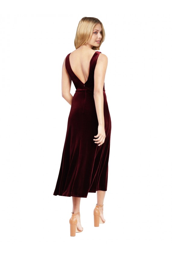 Midi Length Sleeveless Stretch Velvet Burgundy A-Line Prom Dress / Bridesmaid Dress Canberra