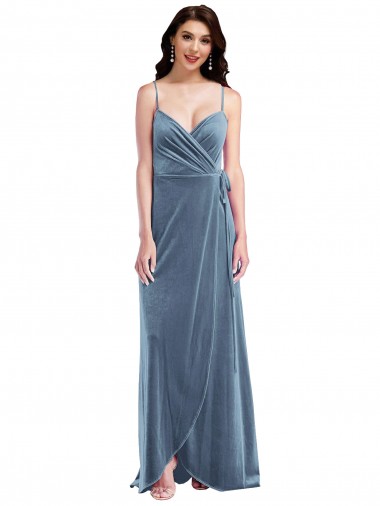 Long Sleeveless Stretch Velvet Dusty Blue A-Line Semi Formal Evening Dress / Prom Dress / Bridesmaid Dress Canberra