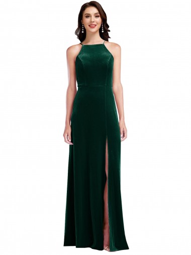 Long Sleeveless Stretch Velvet Dark Green A-Line Semi Formal Evening Dress / Prom Dress / Bridesmaid Dress Canberra