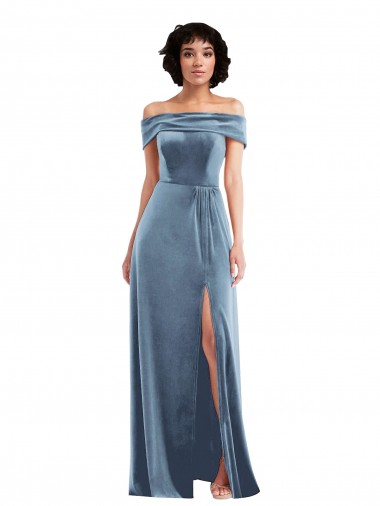 Long Sleeveless Stretch Velvet Dusty Blue Off the Shoulder A-Line Semi Formal Evening Dress / Prom Dress / Bridesmaid Dress Canberra