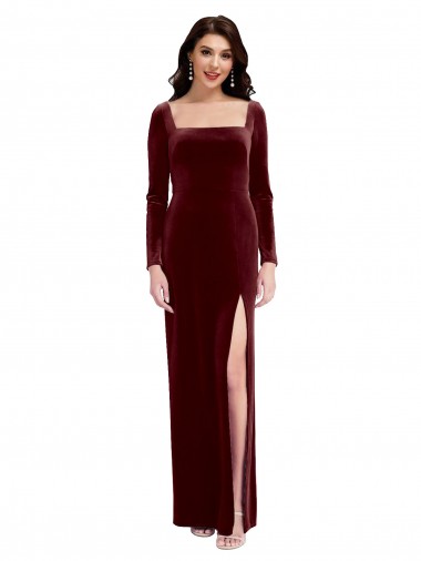 Long Long Sleeves Stretch Velvet Burgundy A-Line Prom Dress / Bridesmaid Dress Canberra