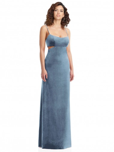 Long Sleeveless Stretch Velvet Dusty Blue Square Neck Sheath Formal Evening Gown / Prom Dress / Bridesmaid Dress Canberra