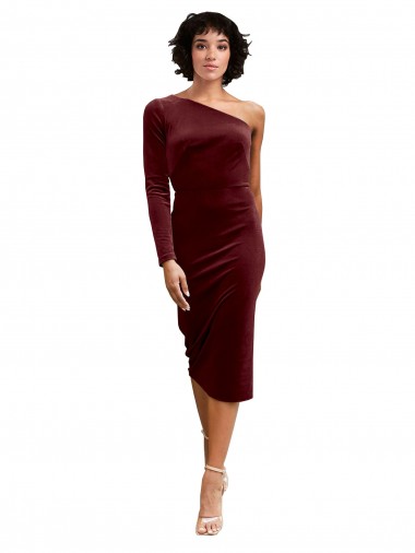 Midi Length Long Sleeves Stretch Velvet Burgundy A-Line Black Tie Prom Dress / Bridesmaid Dress Canberra